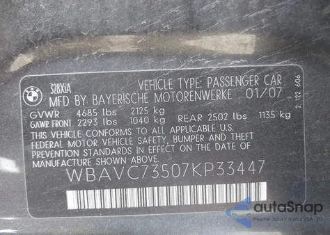 2007 BMW 328Xi from USA, damaged, VIN WBAVC73507KP33447
